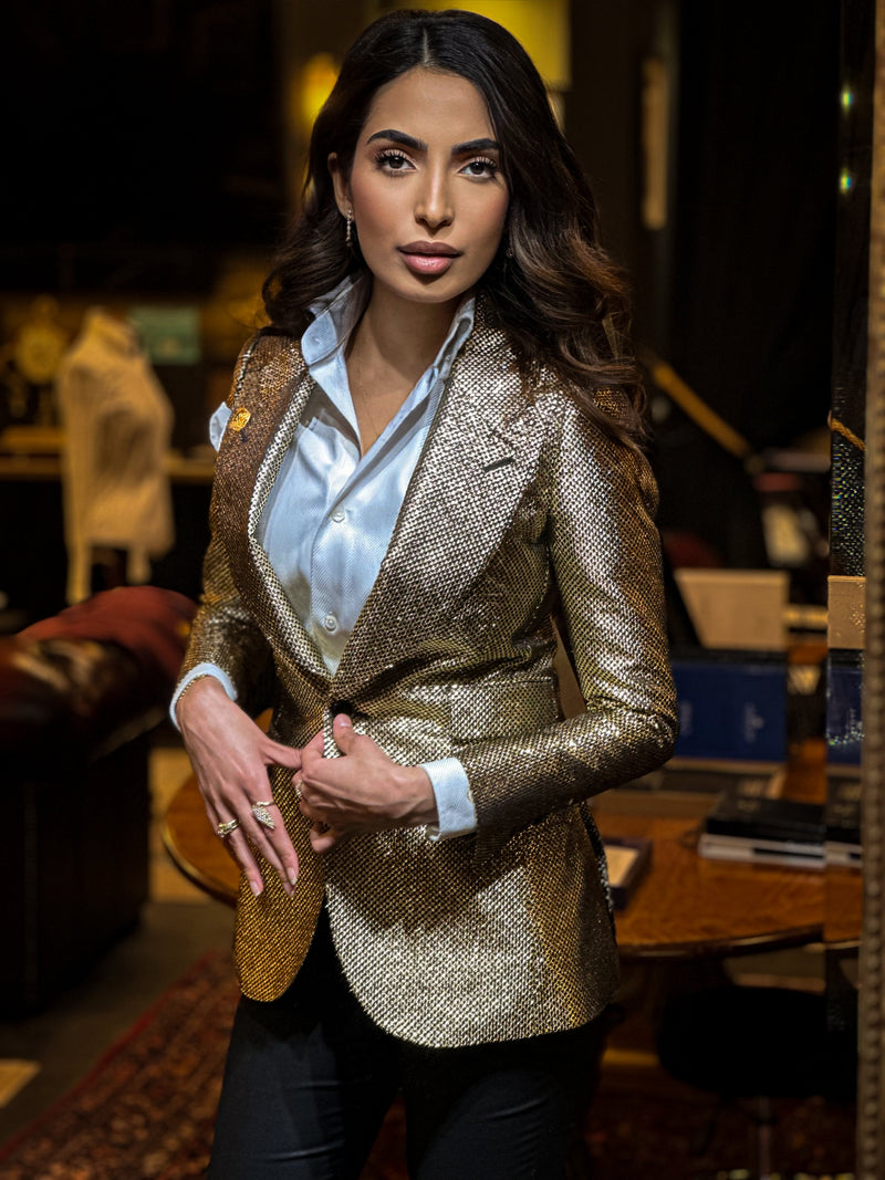 Daniela Adass wearing a bespoke jacket in the Signature Bespoke Liverpool showroom