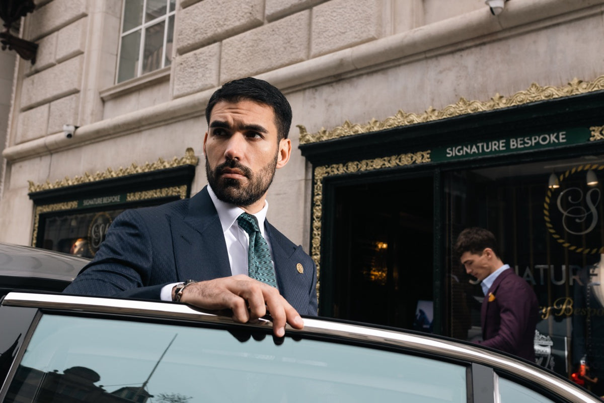 luxury bespoke suit on model refined tailoring detail